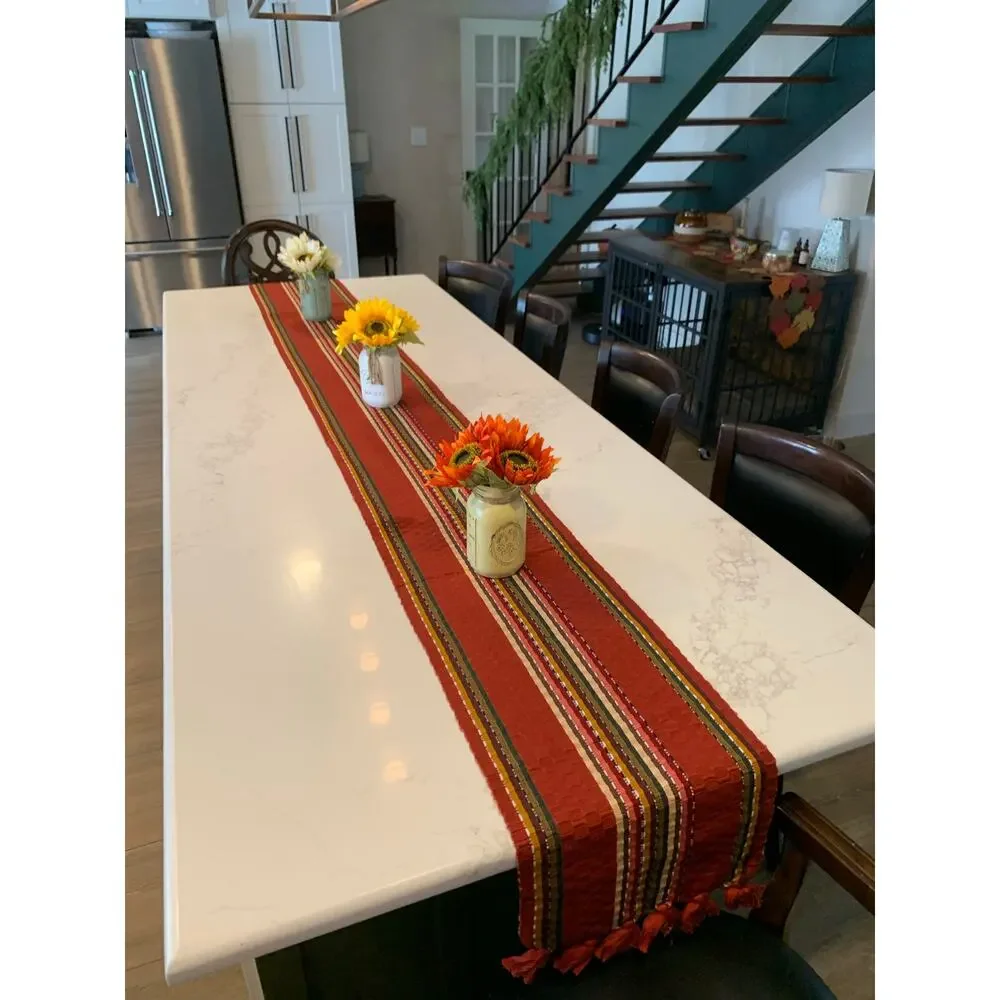 Fall Table Runner 112” Rust Red Striped Woven Tassel Thanksgiving Farmhouse